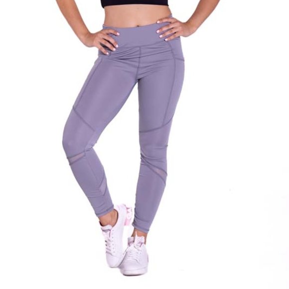 High-Waisted & Mash Panel Gym and Yoga Leggings with Side Pockets Royal Grey - Picture 1 of 7